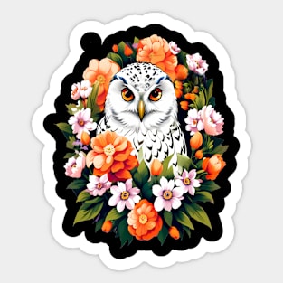 Cute Snowy Owl Surrounded by Bold Vibrant Spring Flowers Sticker